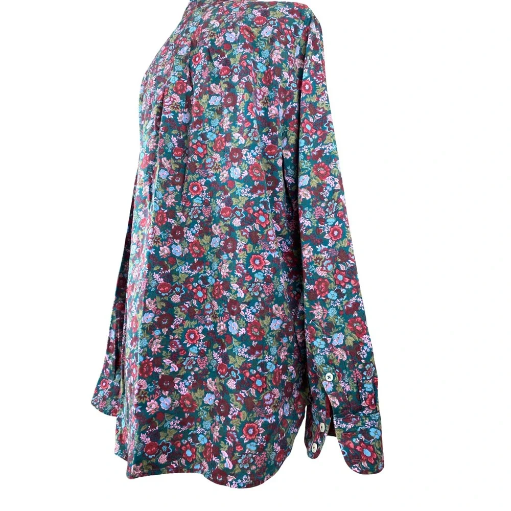 Talbots Womens Floral Button Down Shirt Teal Burgundy Cotton Rayon Size L Fall